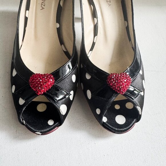 Ramon Tanza Black White Polka Dots Heart Detail PIn up Heels 9M - Picture 8 of 11